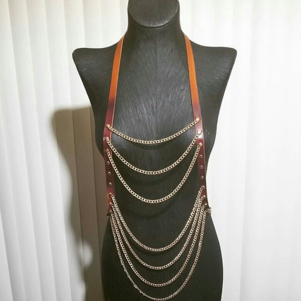 Hand-Made Leather Body Necklace w/Chain Links